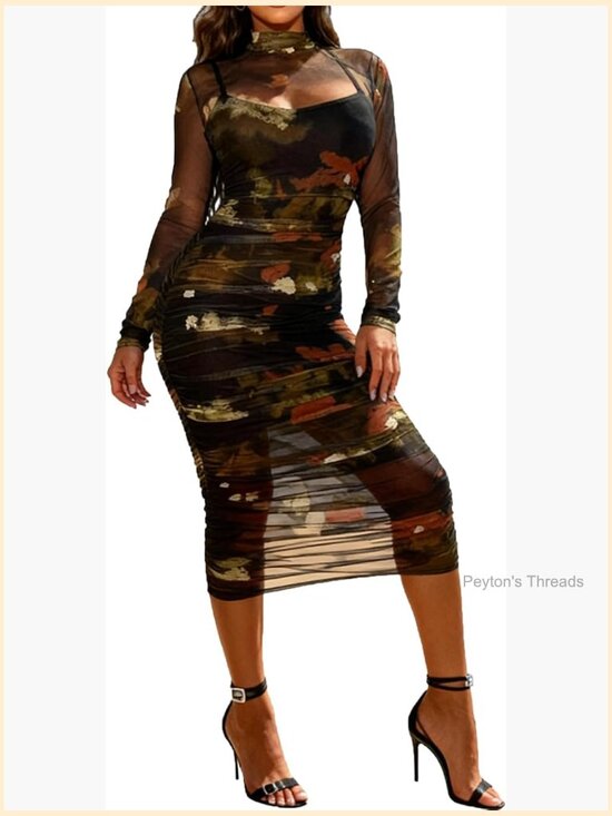 Dresses & Skirts - Sexy Long Sleeve Printed Sheer Mesh Bodycon Midi Dress Party Clubwear